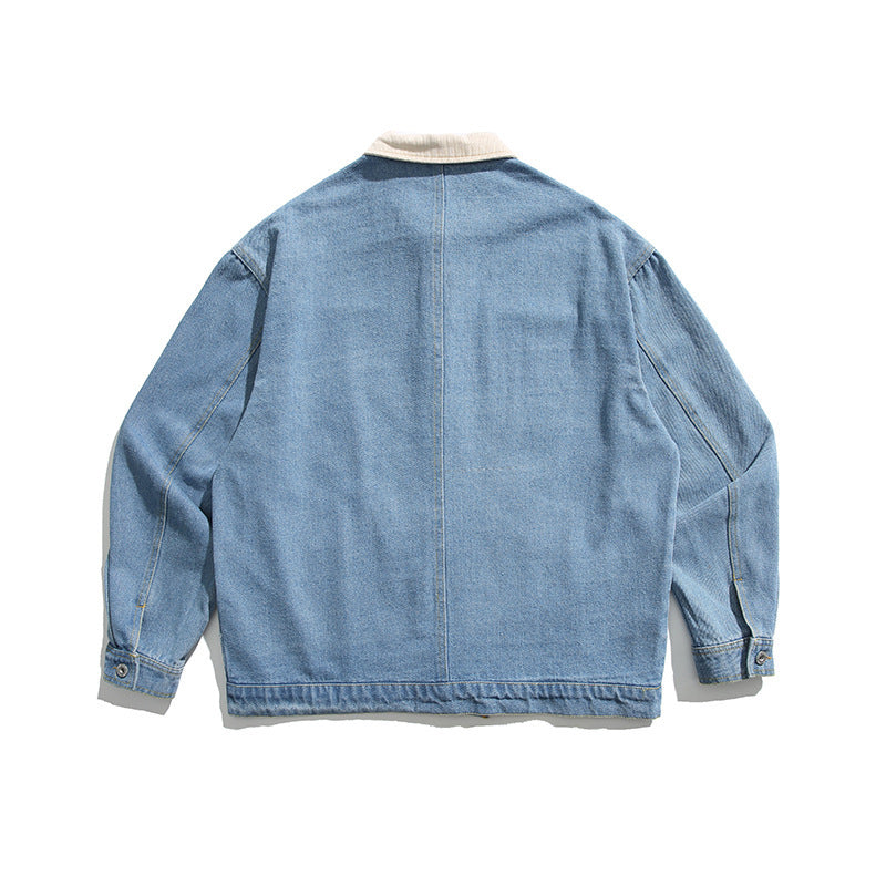 Unisex Boxy-Jeansjacke mit Cordkragen, Druckknopfleiste und Eingrifftaschen Shop Nory