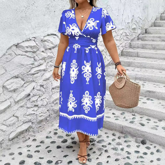 Damen Wickel-Midikleid mit taillierter Drapierung und dekorativem Bordürenprint Shop Nory