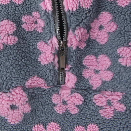 Damen Teddy-Fleece-Overheadjacke mit Stehkragen, Blumenrelief und Halbreißverschluss Shop Nory