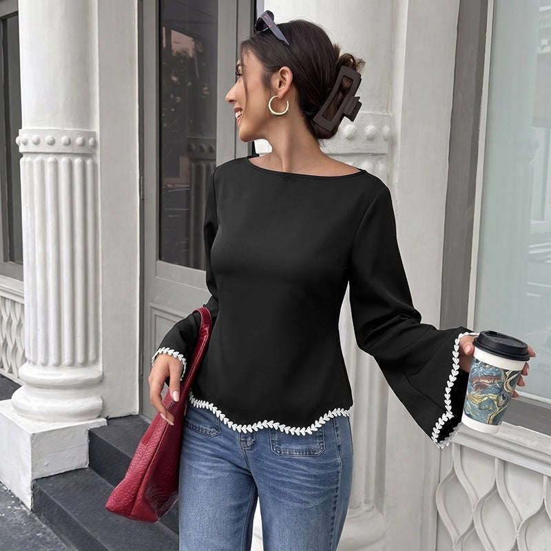 Damen Taillierte Langarmbluse mit U‑Boot‑Ausschnitt, Glockenärmeln und besticktem Blattbesatz Shop Nory
