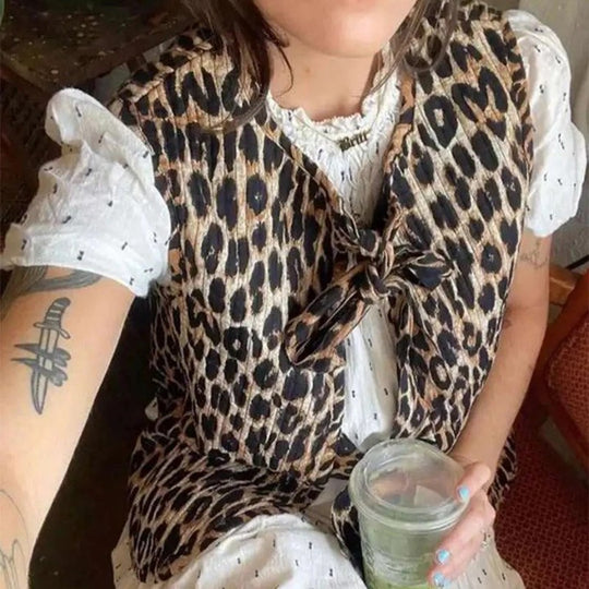 Damen Ärmellose Leoparden-Print-Weste mit Bindeschleifen und strukturierter Oberfläche Shop Nory