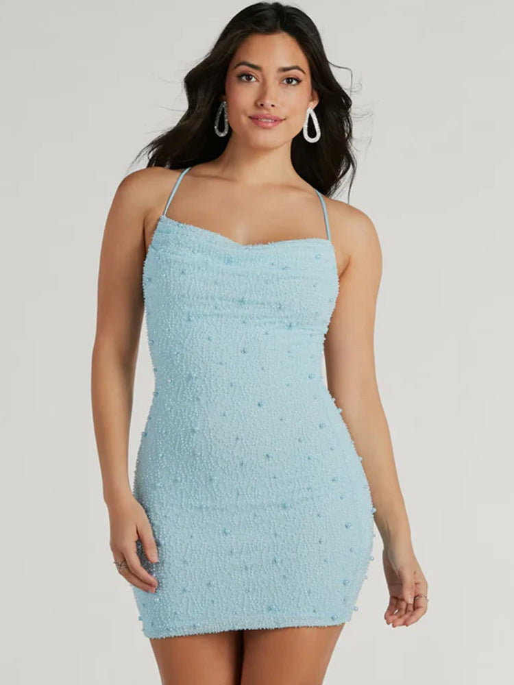 Damen Figurbetontes Minikleid mit schimmernden Perlen und Spaghettiträgern Shopnory