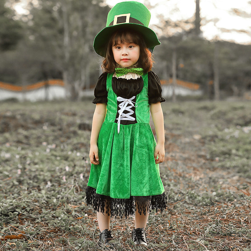 Mädchen Kostüm als irische Leprechaun mit voluminösem Rock und hohem Hut Shop Nory