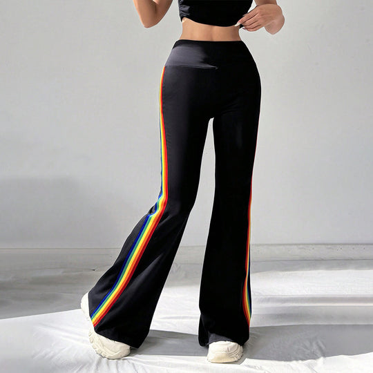 Damen hochgeschnittene Flared-Sporthose mit taillenformendem Komfortbund und seitlichen Kontraststreifen Shop Nory