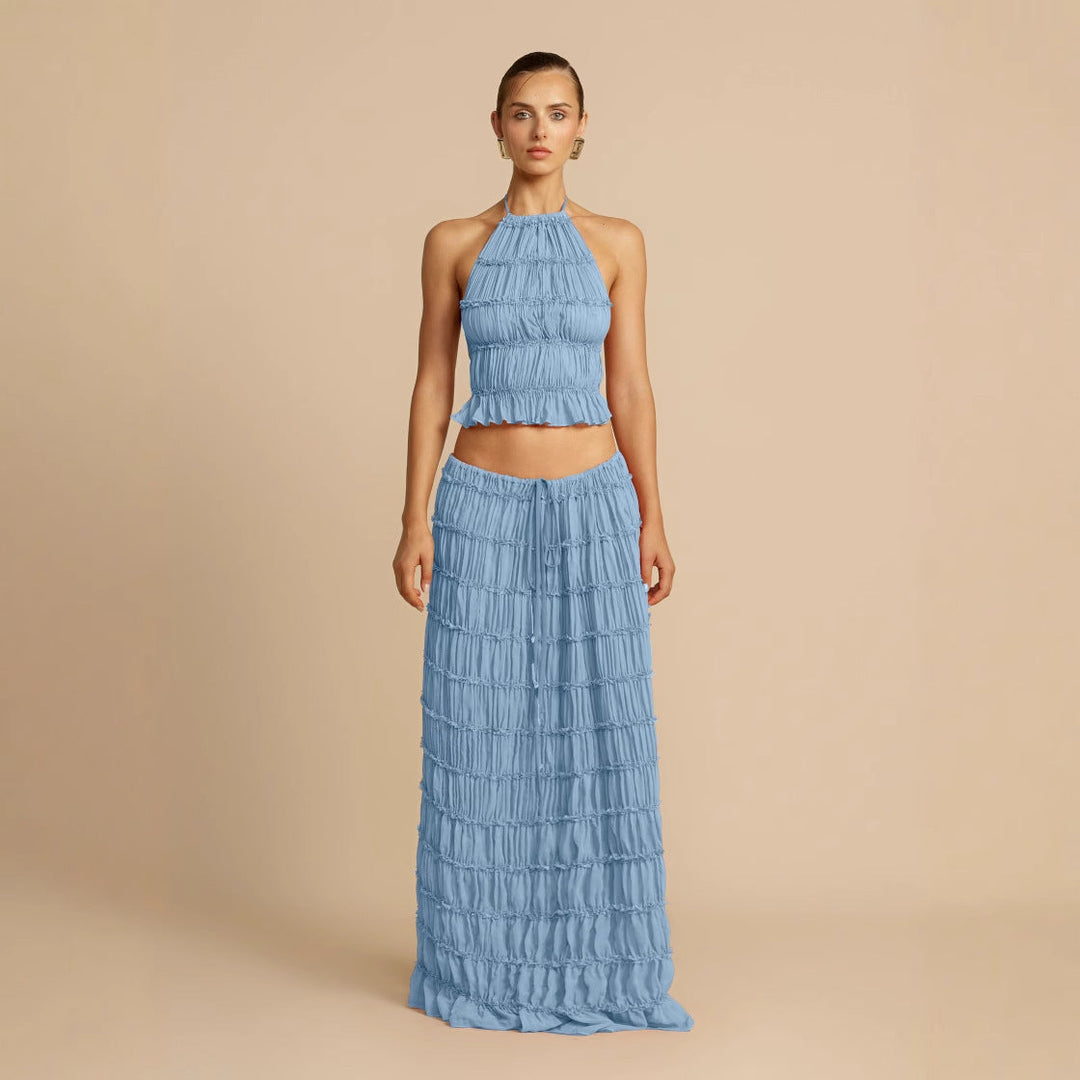 Damen Elegantes und verspieltes Zweiteiliges Sommerkleid mit gerafftem Oberteil und fließendem Rock