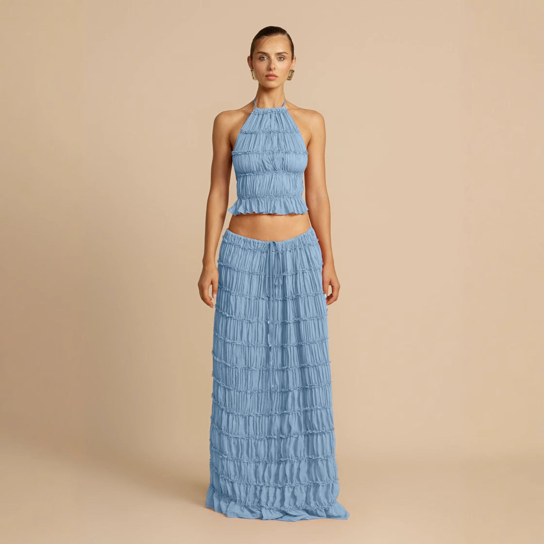 Damen Elegantes und verspieltes Zweiteiliges Sommerkleid mit gerafftem Oberteil und fließendem Rock