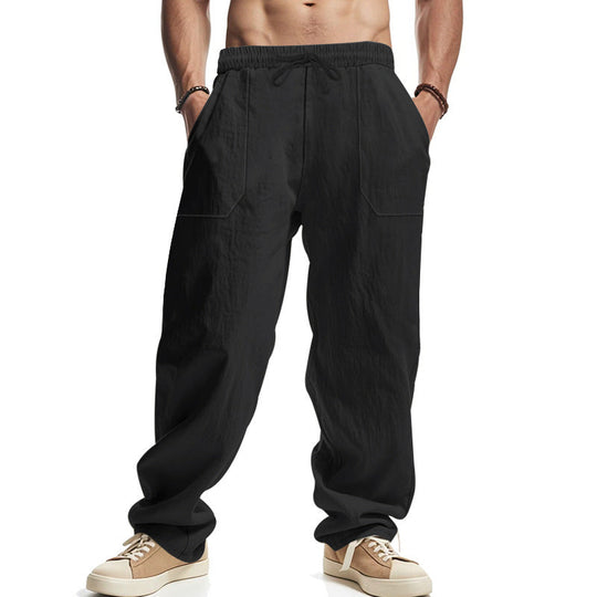 Herren nan lockere Leinenhose mit elastischem Bund, Tunnelzug und großen Eingrifftaschen
