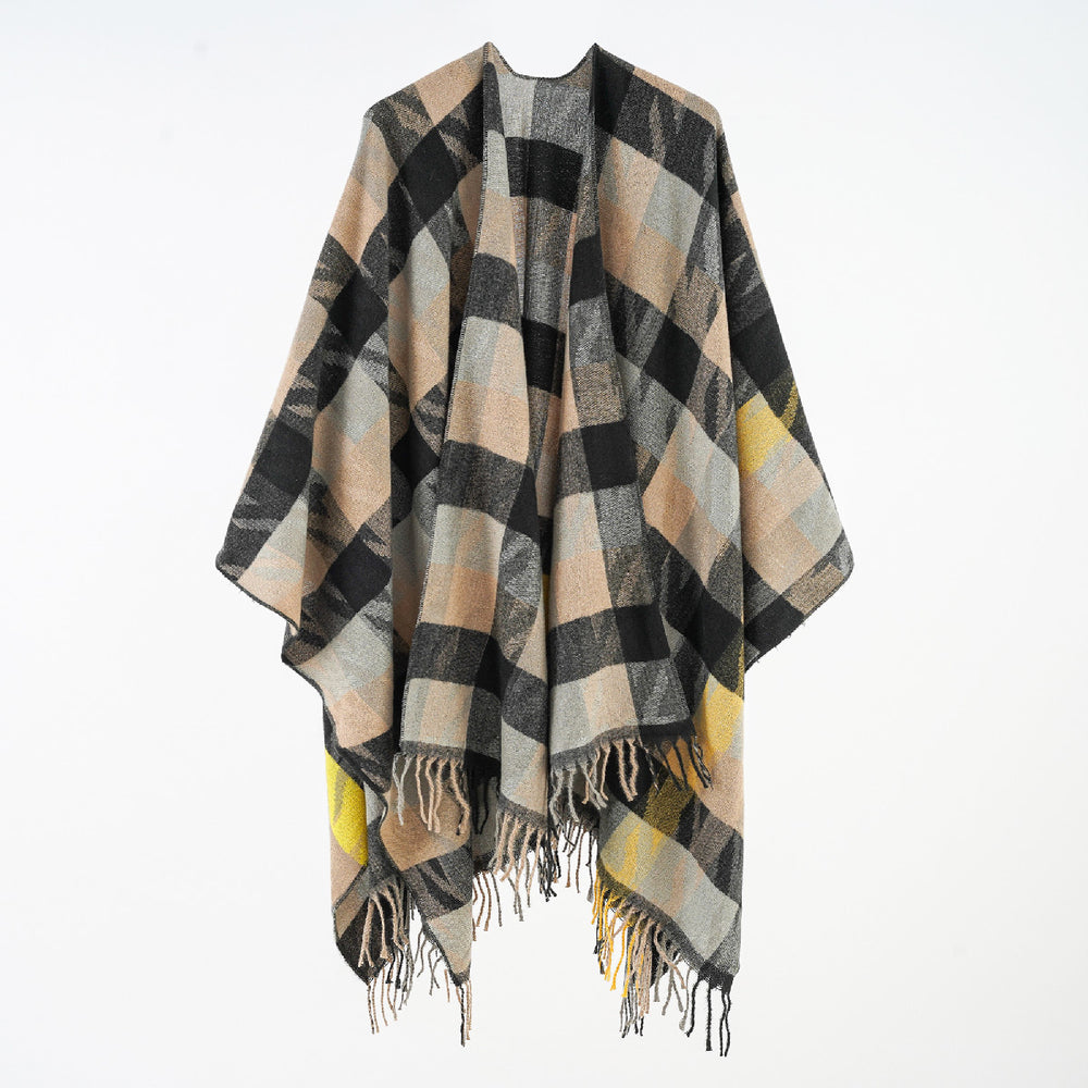 Damen Oversize-Plaidponcho mit Fransen und gewebtem Karomuster Shop Nory