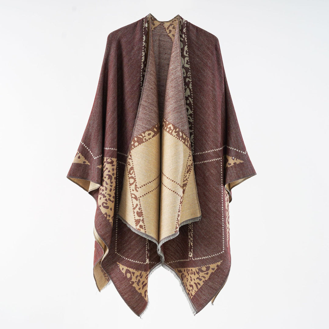 Damen Oversize Cape-Überwurf mit jacquardgewebten Patchmotiven und Fransensaum Shop Nory