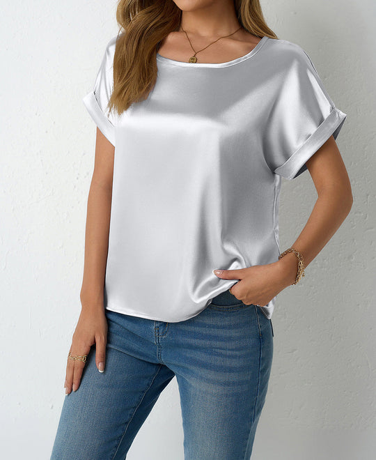 Damen Satin-Oberteil mit umgeschlagenen Ärmeln