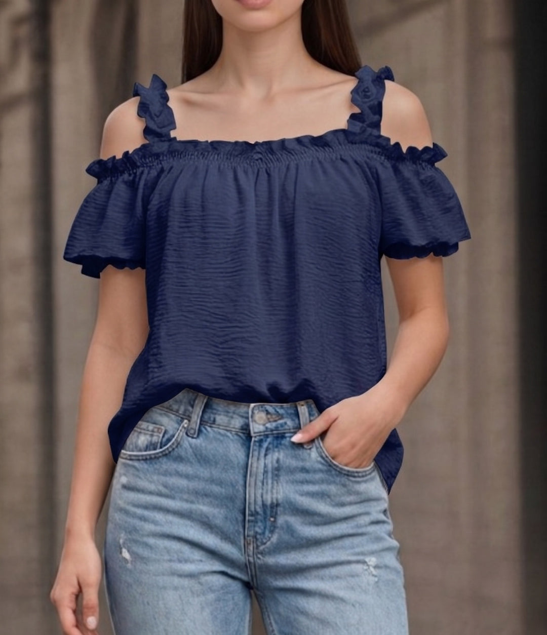 Damen Schulterfreies Crinkle-Top mit Smok-Bandeau, Rüschen‑Trägern und Flügelärmeln Shop Nory