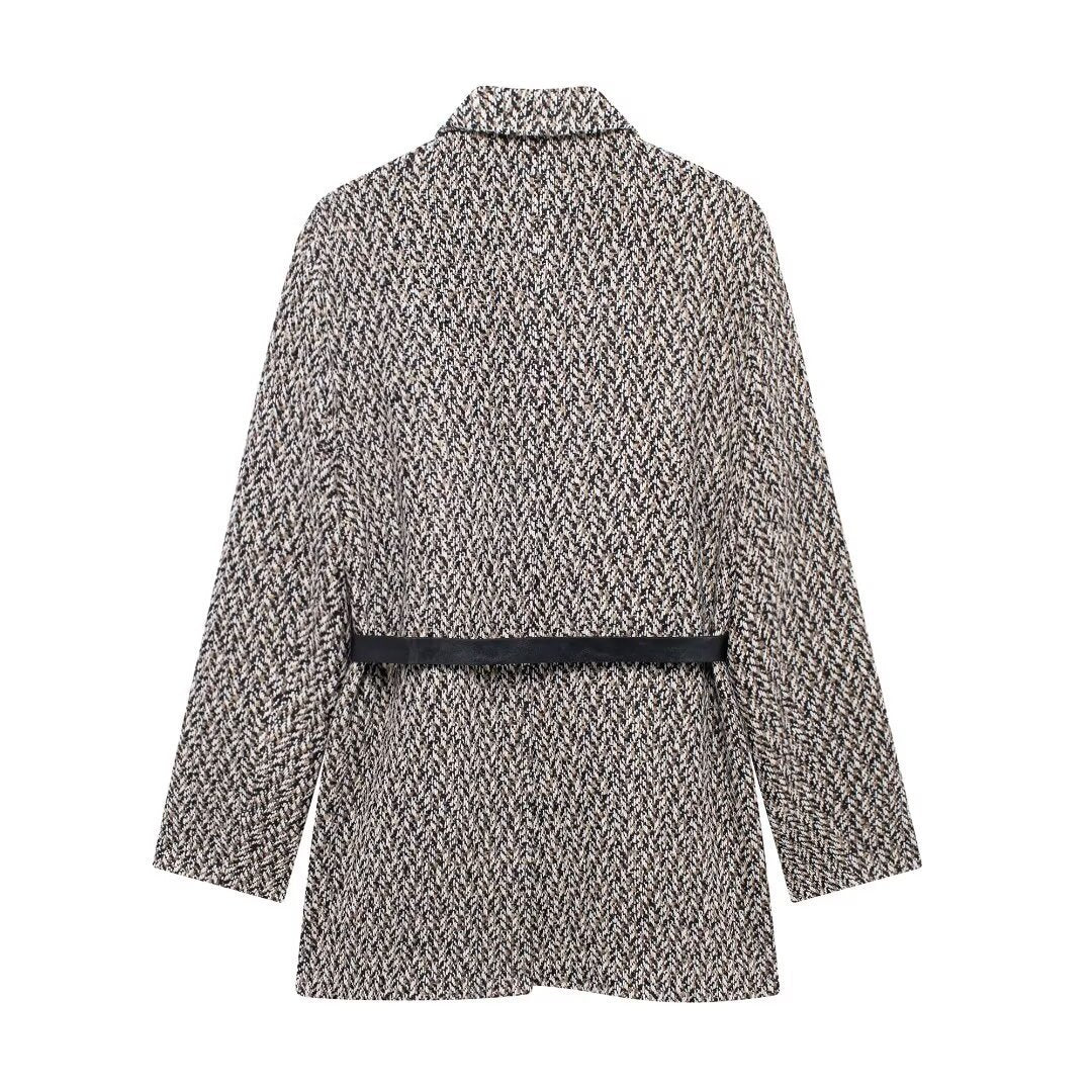 Damen Midilanger Bouclé-Tweed-Blazerjacke mit Lederimitat‑Gürtel Shop Nory