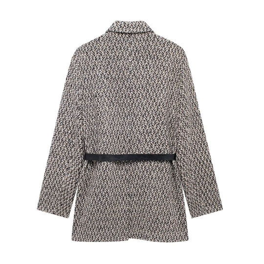 Damen Midilanger Bouclé-Tweed-Blazerjacke mit Lederimitat‑Gürtel Shop Nory