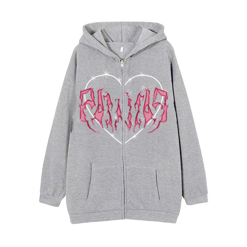Damen nan Kapuzenjacke mit durchgehendem Reißverschluss und Rippenherz-Print Shop Nory