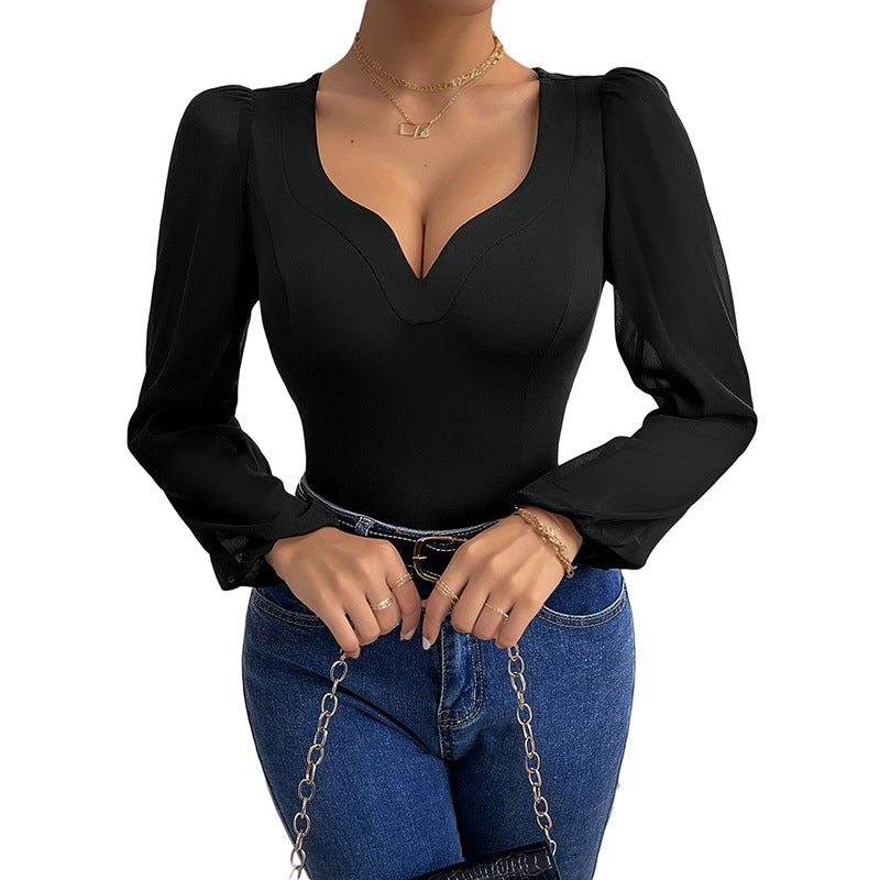 Damen Eleganter Bodys mit V-Ausschnitt und Puffärmeln Shop Nory