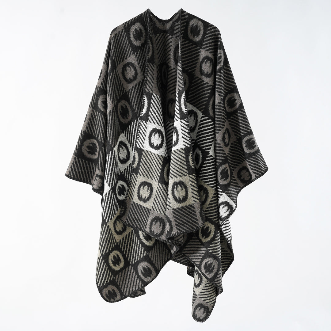 Damen Jacquard-Wickelponcho aus feinem Strick mit grafischem Kreis-Jacquard und offener Kimono-Silhouette Shop Nory