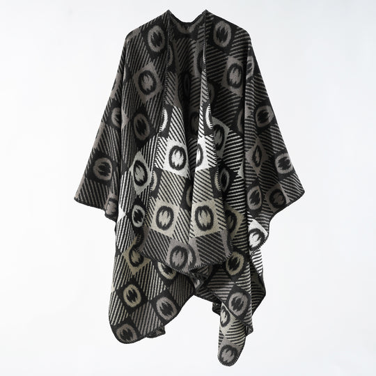 Damen Jacquard-Wickelponcho aus feinem Strick mit grafischem Kreis-Jacquard und offener Kimono-Silhouette Shop Nory