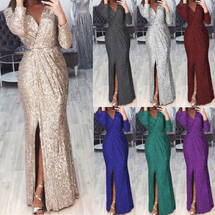 Damen Abendkleid mit Wickelfront, langem Beinschlitz und taillierter Meerjungfrauen‑Silhouette Shop Nory