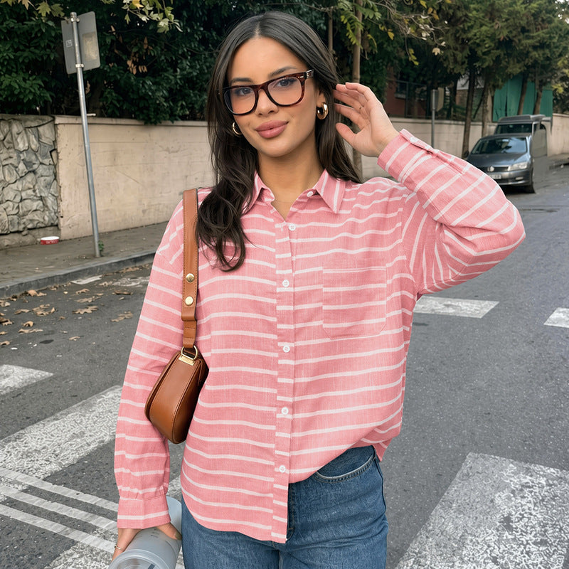 Damen Legere gestreifte Oversize-Hemdbluse aus Leinenoptik mit Brusttasche Shop Nory