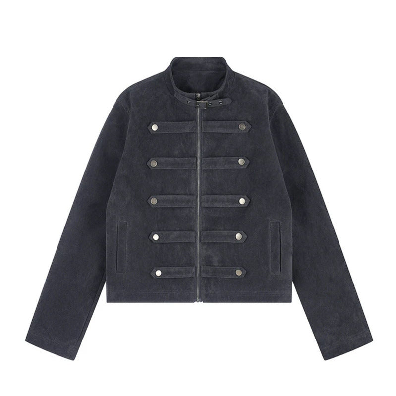 Damen Kurzjacke aus Veloursleder im militärischen Stil mit Stehkragen und Zierriegeln Shop Nory
