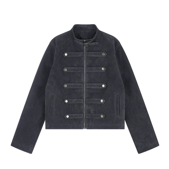 Damen Kurzjacke aus Veloursleder im militärischen Stil mit Stehkragen und Zierriegeln Shop Nory