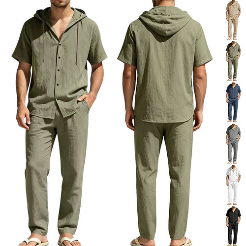 Herren nan luftiges Leinen-Lounge-Set mit kurzärmeligem Kapuzenhemd und gerader Relaxhose