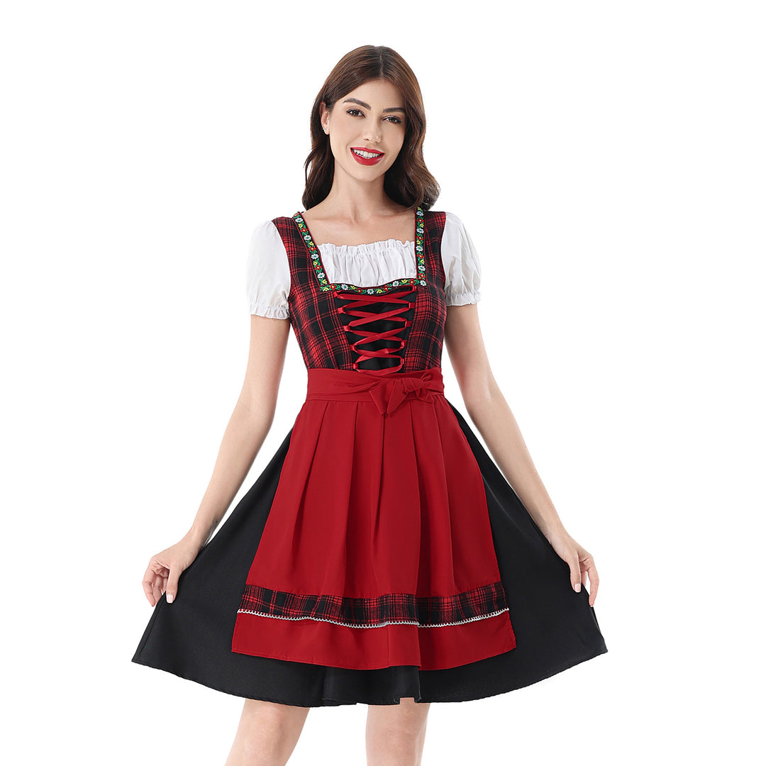 Damen nan traditionelles Dirndlkleid mit kariertem Mieder, Schnürung, Puffärmeln und Schürze Shop Nory