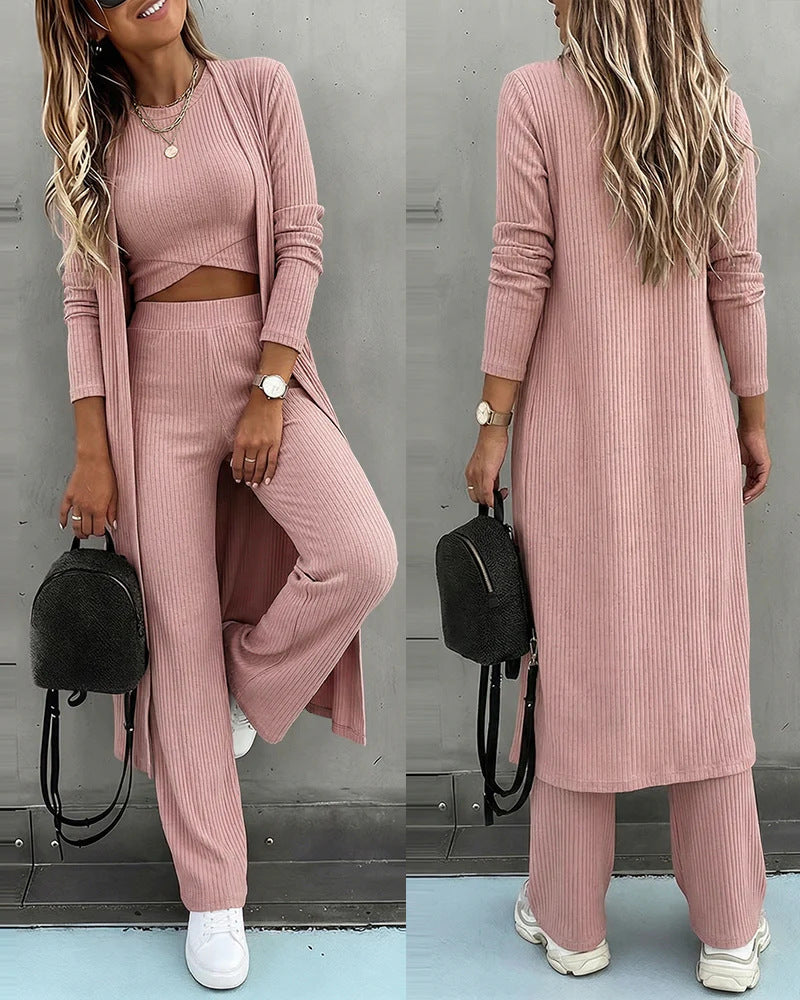 Damen Dreiteiliges Rippstrick-Loungewear-Set mit Longcardigan, bauchfreiem Top und weiter Palazzohose Shop Nory
