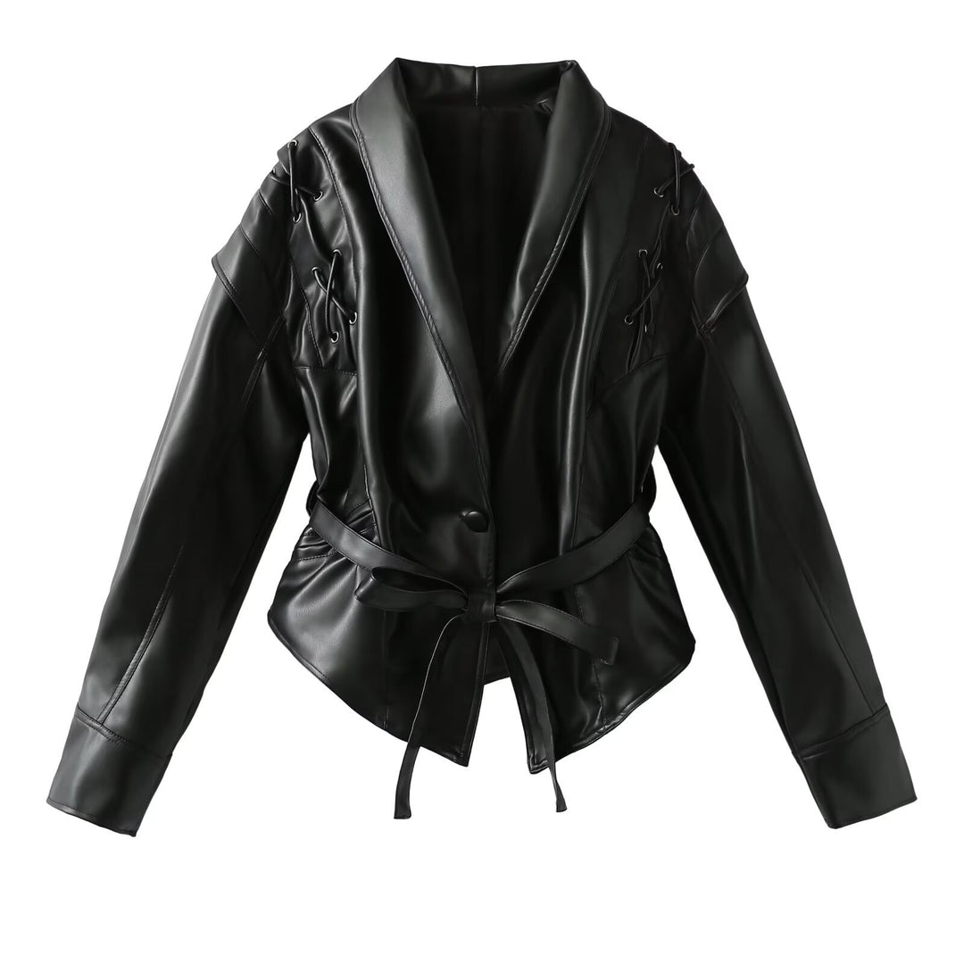 Damen Kurzjacke im Wildlederlook mit Schalkragen, Schnürdetails und Taillengürtel Shop Nory