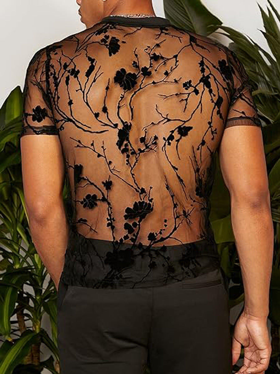 Herren Netz-T-Shirt mit floralem Design und elastischen Abschlüssen