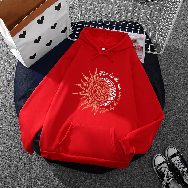 Damen nan Kapuzenpullover mit Sonn-und-Mond-Mandala, Kängurutasche und angerautem Fleece Shop Nory