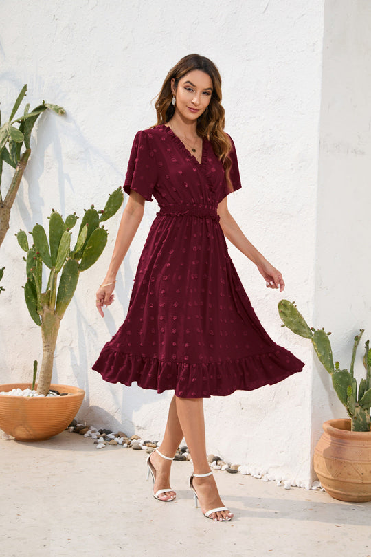 Damen Midikleid mit raffiniertem V-Ausschnitt, elastischem Taillenzug und fließendem Rock