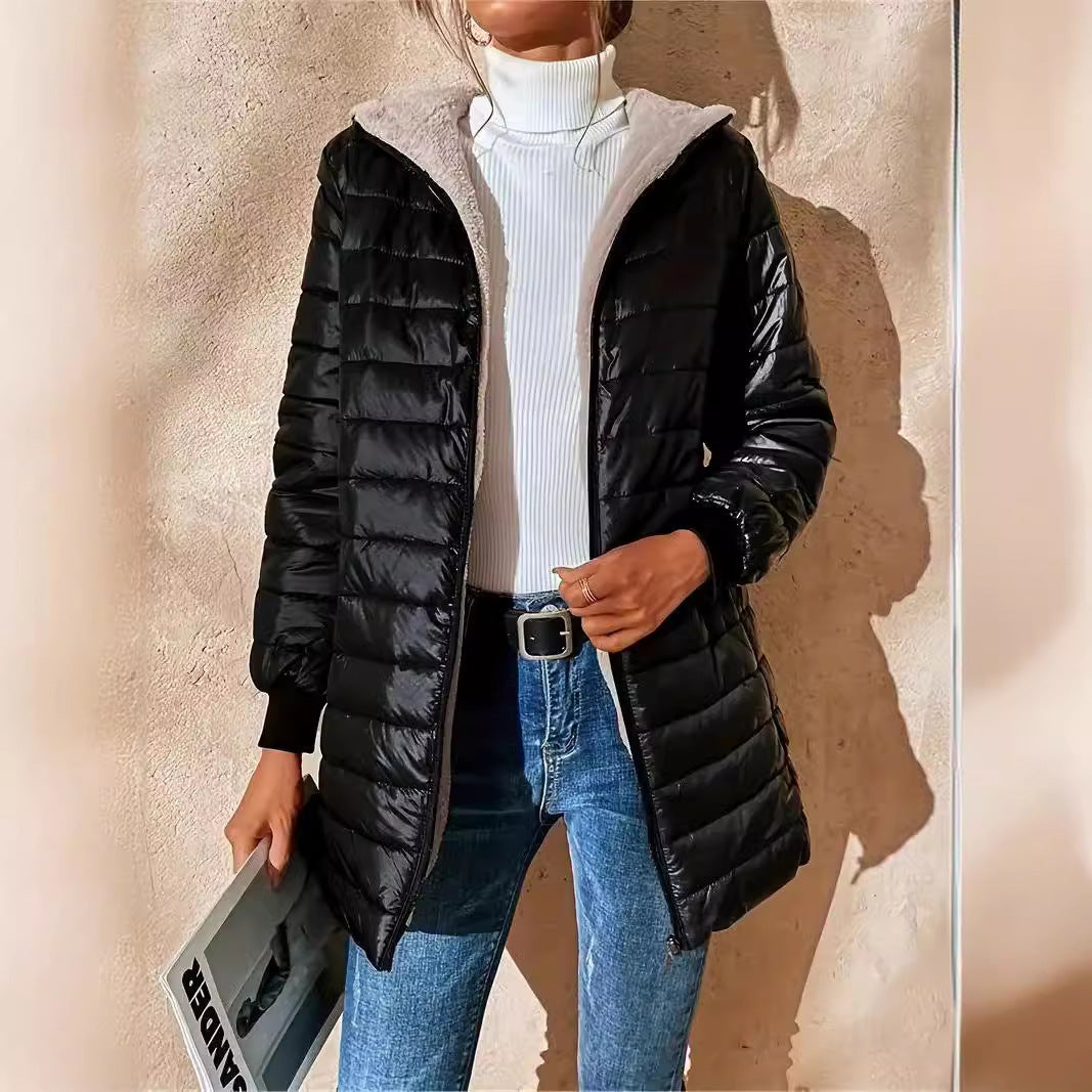 Damen Langer Steppmantel mit Teddyfutter und Kapuze Shop Nory