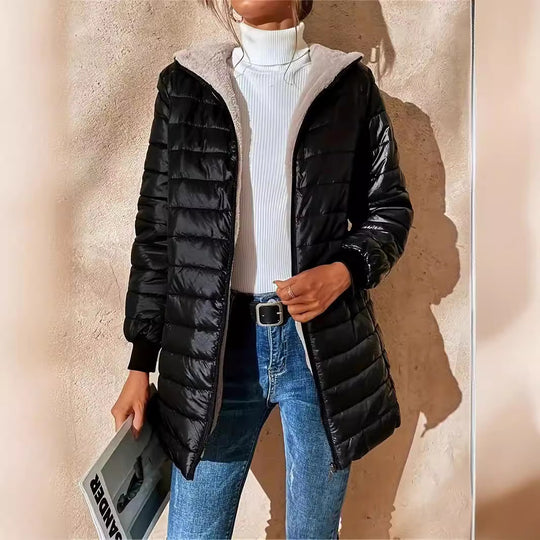 Damen Langer Steppmantel mit Teddyfutter und Kapuze Shop Nory