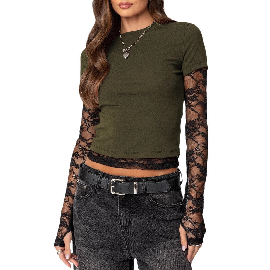 Damen Kurzshirt mit Spitzen-Ärmeln und Lagenoptik Shop Nory