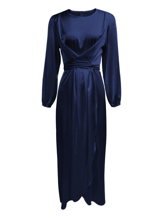 Damen Elegantes Maxikleid aus Satin mit Wickel-Detail, Langarm und Taillenband Shop Nory
