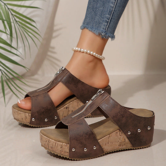 Damen Komfortable Keilsandaletten mit Zip-Verschluss und modischer Perlenverzierung