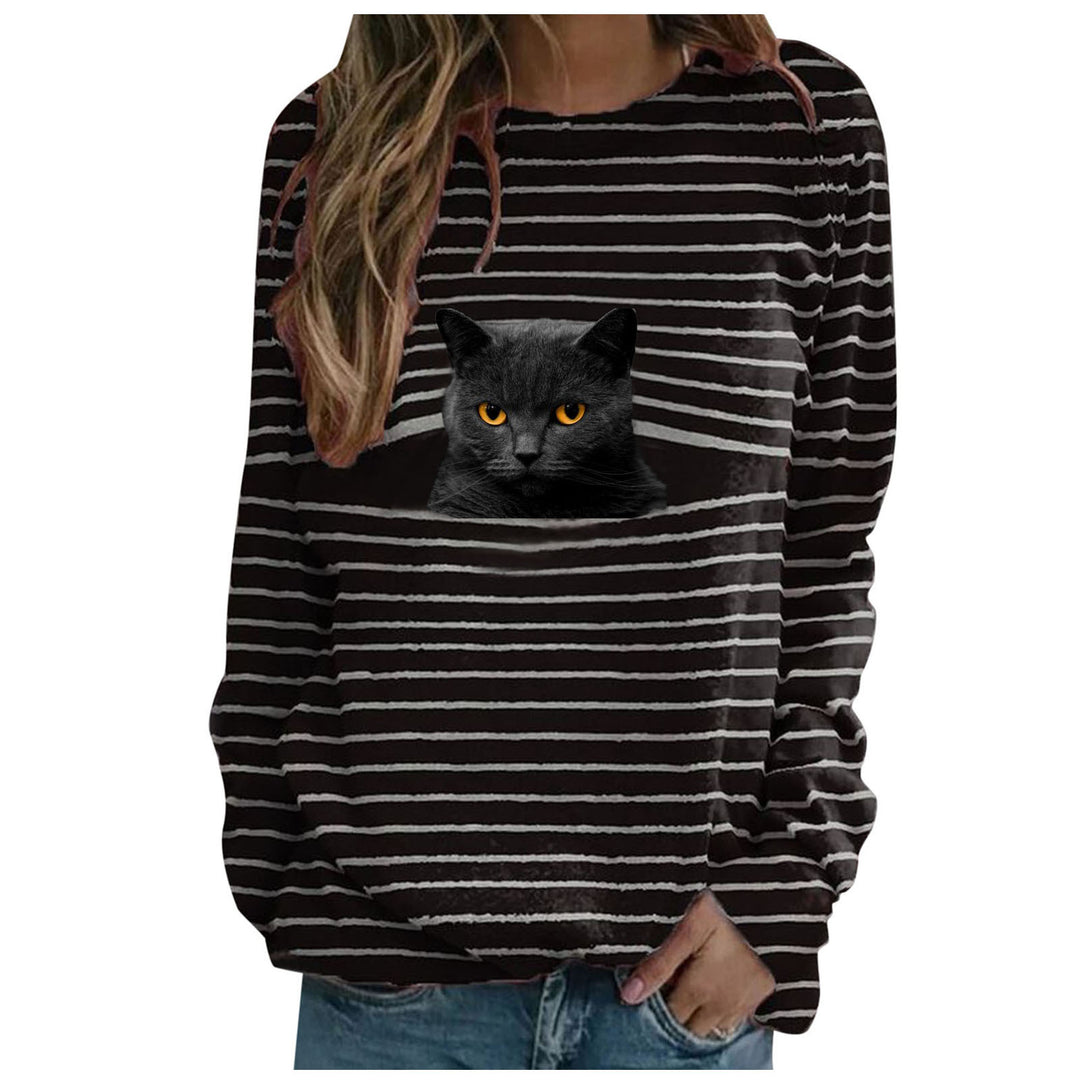 Damen nan lässiger Streifenpullover mit fotorealistischer Katzentasche und Rundhalsausschnitt Shop Nory