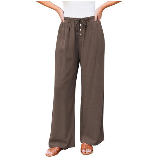Damen Leinenoptik-Hose mit weitem Bein, Gummizug-Taille, Tunnelzug und Knopfdetail Shop Nory