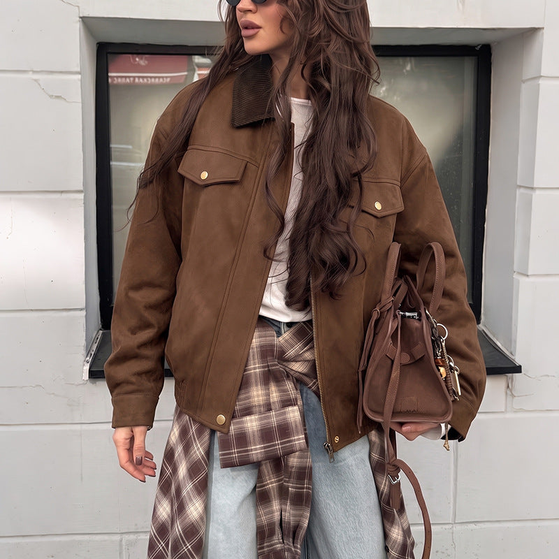 Damen Kurzjacke aus Wildlederimitat mit Cordkragen, Reißverschluss & Pattentaschen Shop Nory