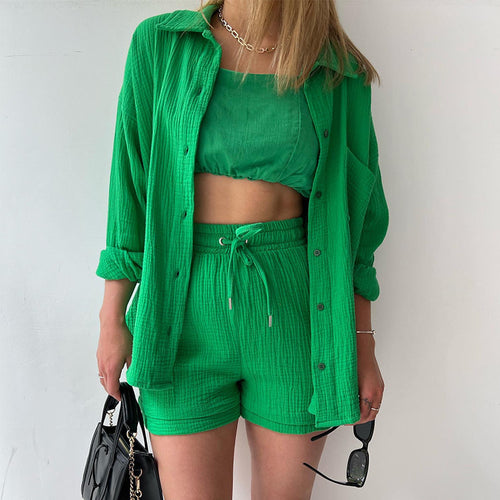 Damen nan lässiges oversized Hemd und Shorts Set mit Brusttasche Kordelbund und gerauter Baumwollstruktur Shop Nory