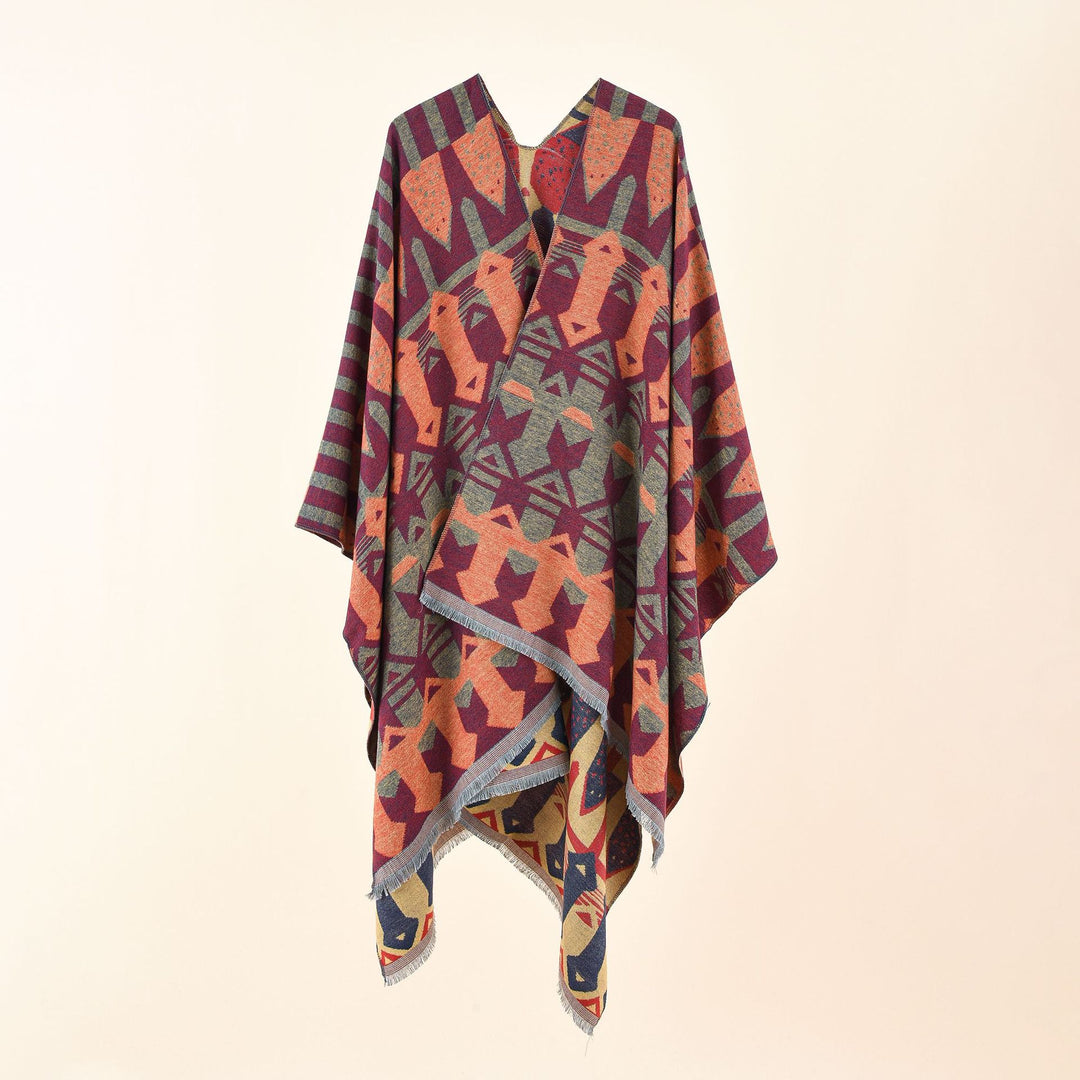 Damen Strick-Überwurfcape im Ruana-Stil mit grafischem Jacquard und Fransensaum Shop Nory