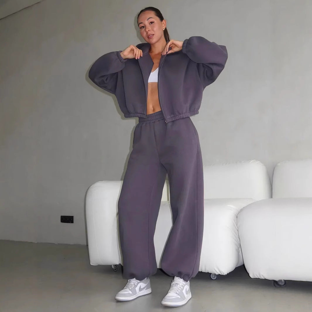 Damen Oversize Sweatset mit Reißverschluss Bomberjacke und Highwaist Jogginghose Shop Nory