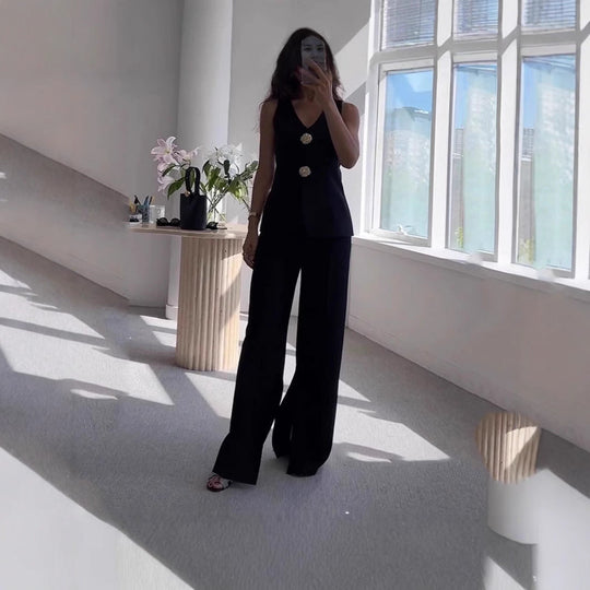 Damen elegantes Hosenanzug-Set mit tailliertem Blazer und weit geschnittenen Hosen