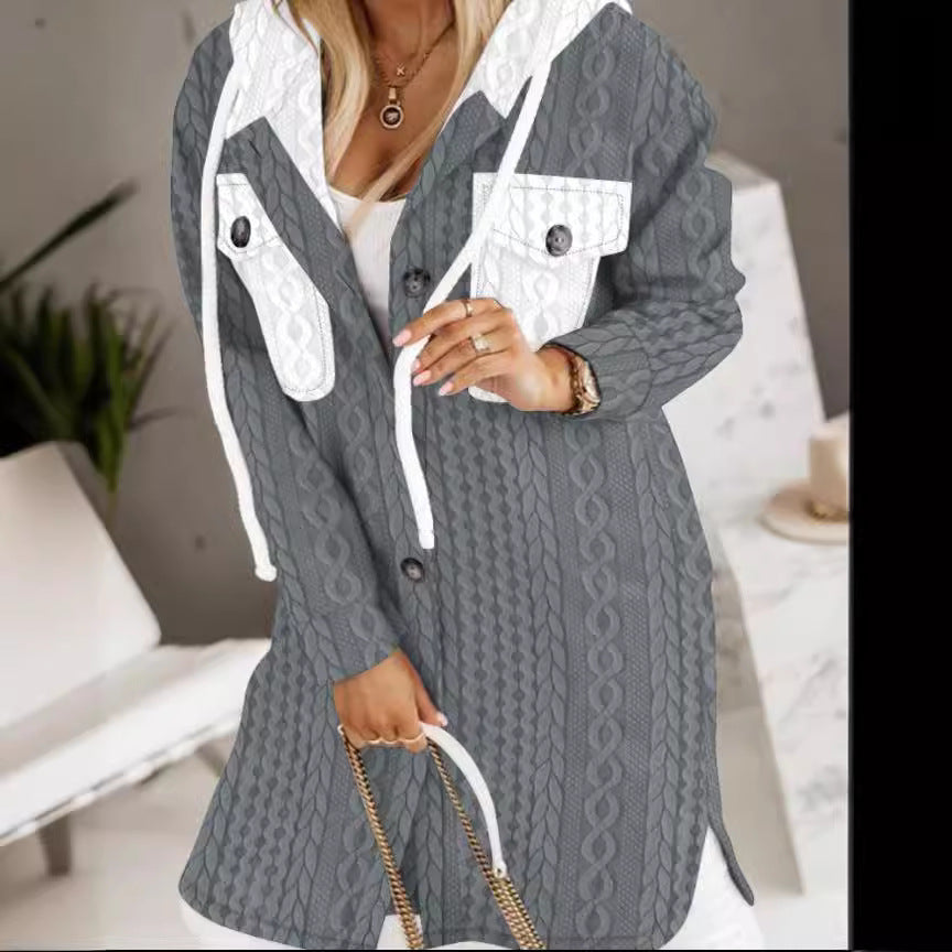 Damen Longline-Strickmantel mit Kapuze, Zierknöpfen und Kontrasttaschen Shop Nory