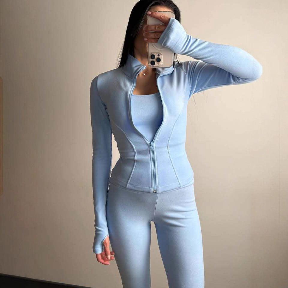 Damen Figurbetontes Freizeit-Set mit Reißverschlussjacke und taillenhohen Leggings aus Stretch mit Daumenlöchern Shop Nory