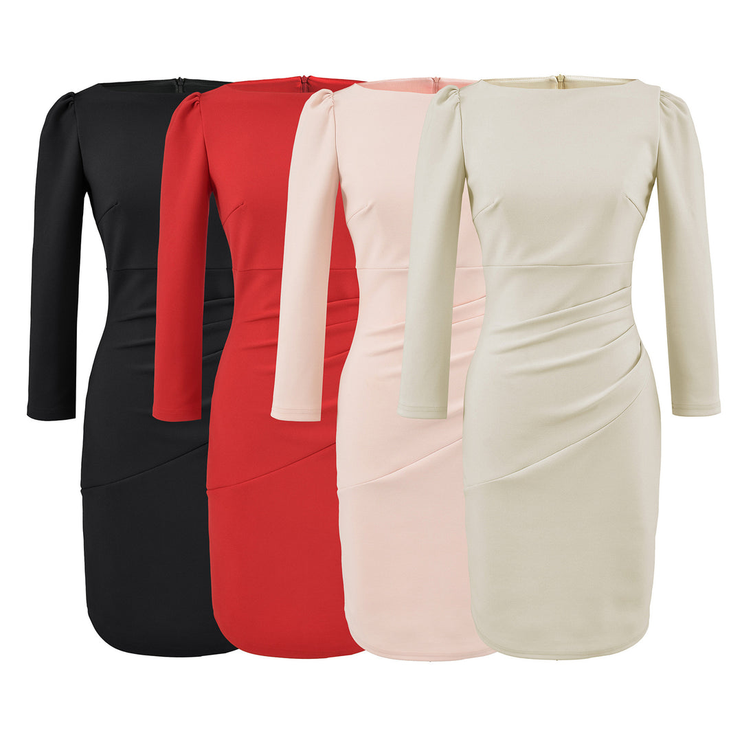 Damen Figurbetontes Midikleid mit geraffter Wickeloptik und langen Ärmeln Shop Nory