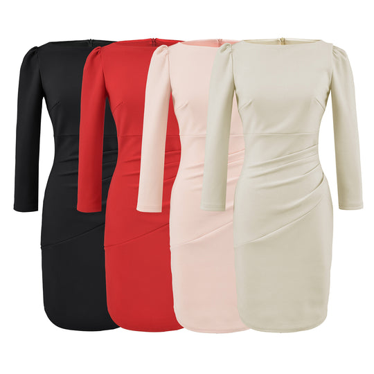 Damen Figurbetontes Midikleid mit geraffter Wickeloptik und langen Ärmeln Shop Nory