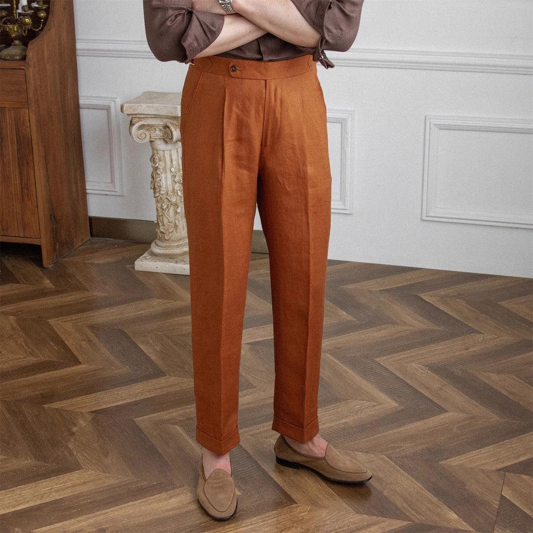 Herren Leinenhose mit hoher Taille, Bundfalten und verstellbarem Seitenriegel Shop Nory