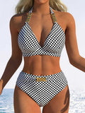 Damen Bikini-Set mit stilvollem Karomuster und goldfarbenen Akzenten